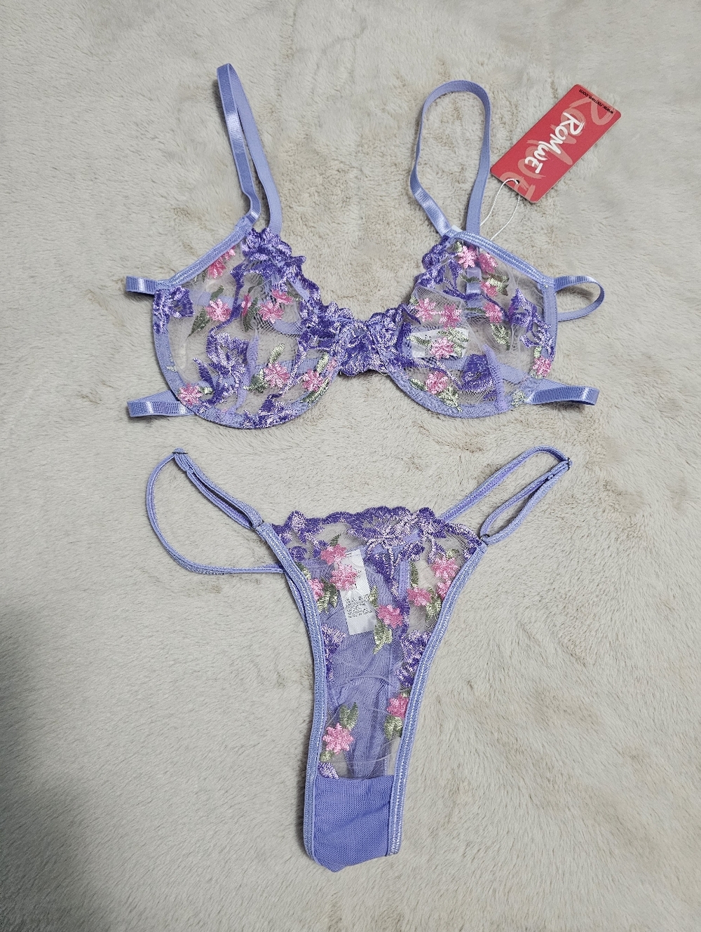 Lavender Sheer Floral Lace Bra & Thong Set